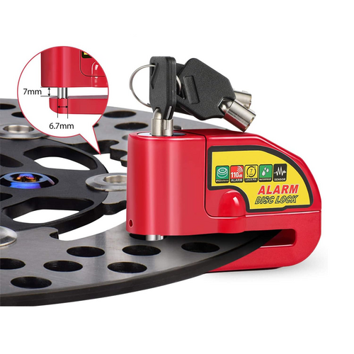 Red motorcycle alarm disc lock made of iron with reminder cable and two keys — view 4