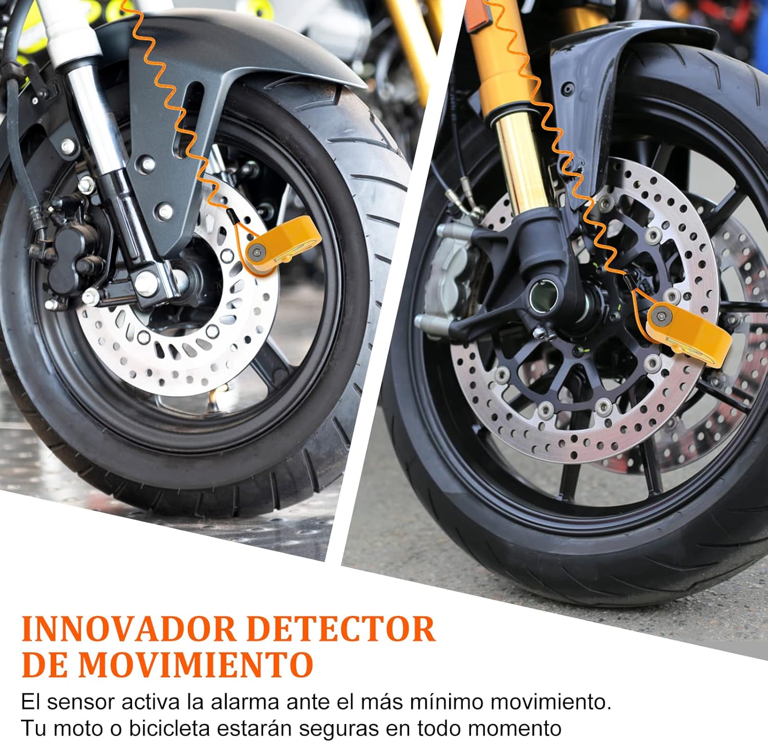Red motorcycle alarm disc lock made of iron with reminder cable and two keys — view 5