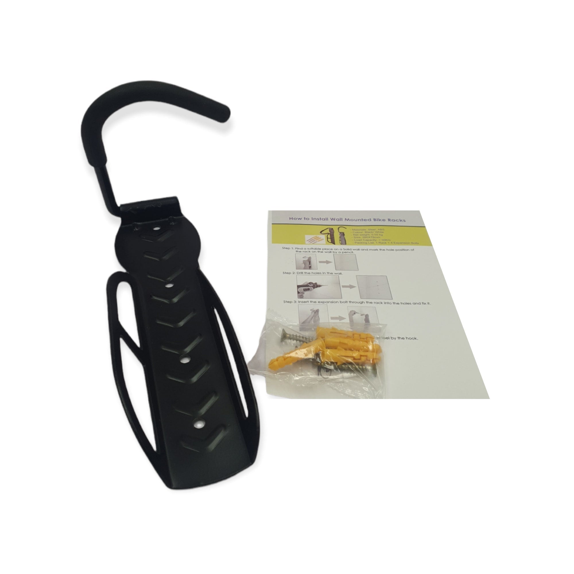 Black steel wall mounted bicycle hook with protective foam sleeve and mounting hardware — view 2