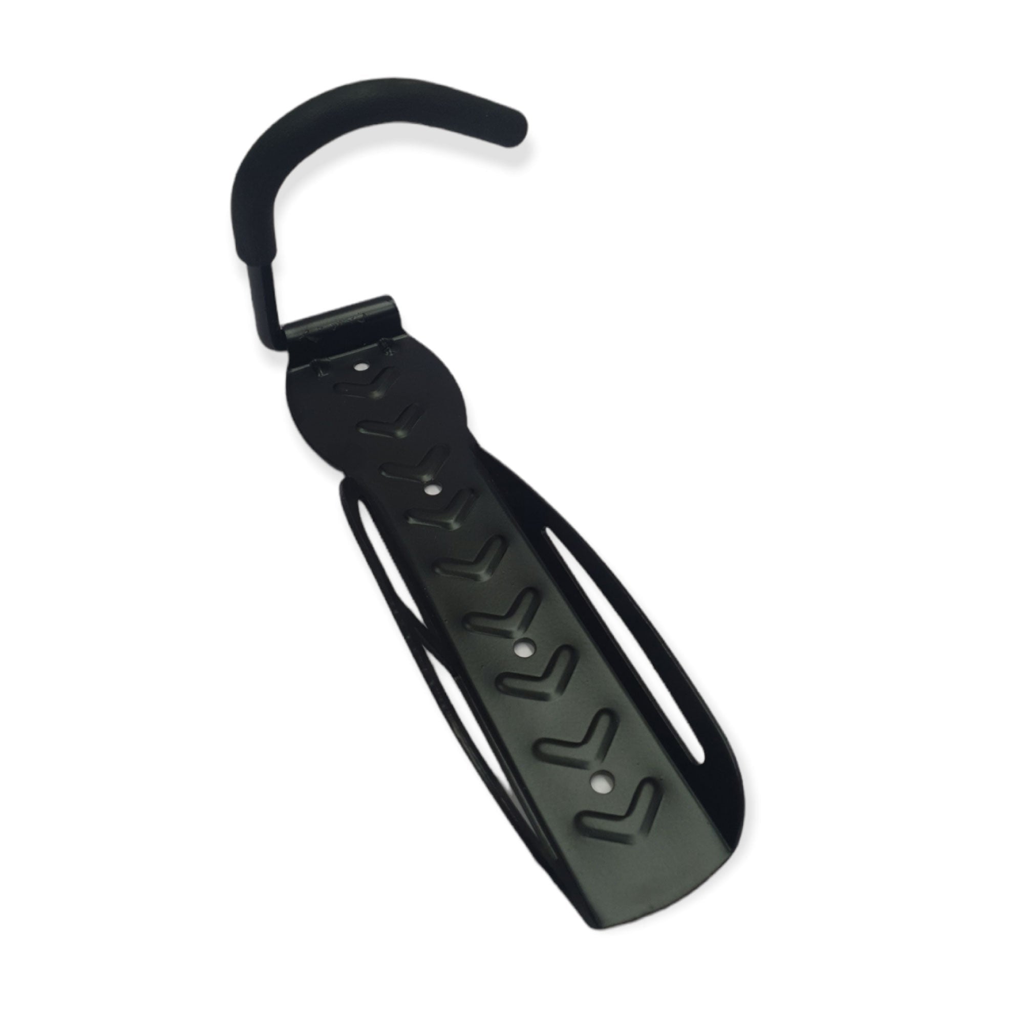 Black steel wall mounted bicycle hook with protective foam sleeve and mounting hardware — view 3