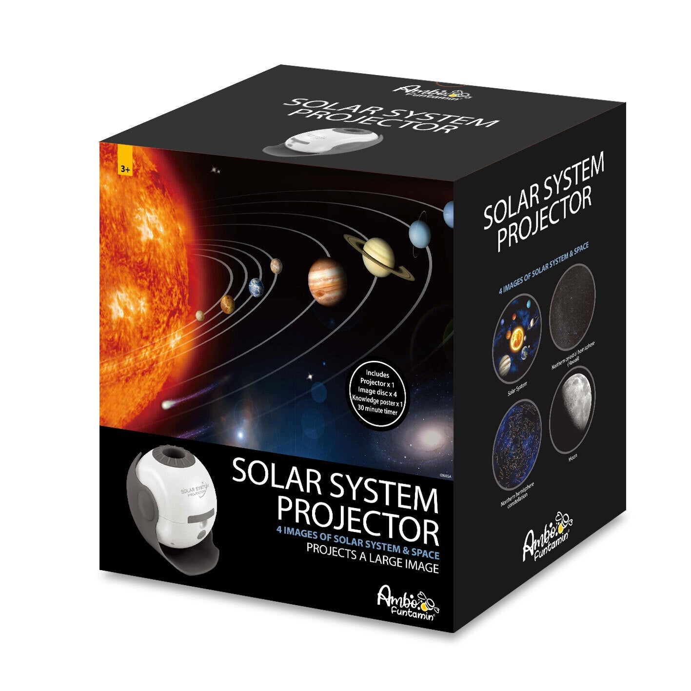 White and grey solar system star light projector with educational poster and interchangeable celestial discs