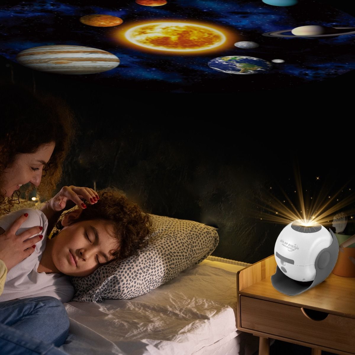 White and grey solar system star light projector with educational poster and interchangeable celestial discs — view 3