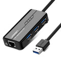 USB 3.0 hub with gigabit ethernet adapter featuring three ports and a black network cable