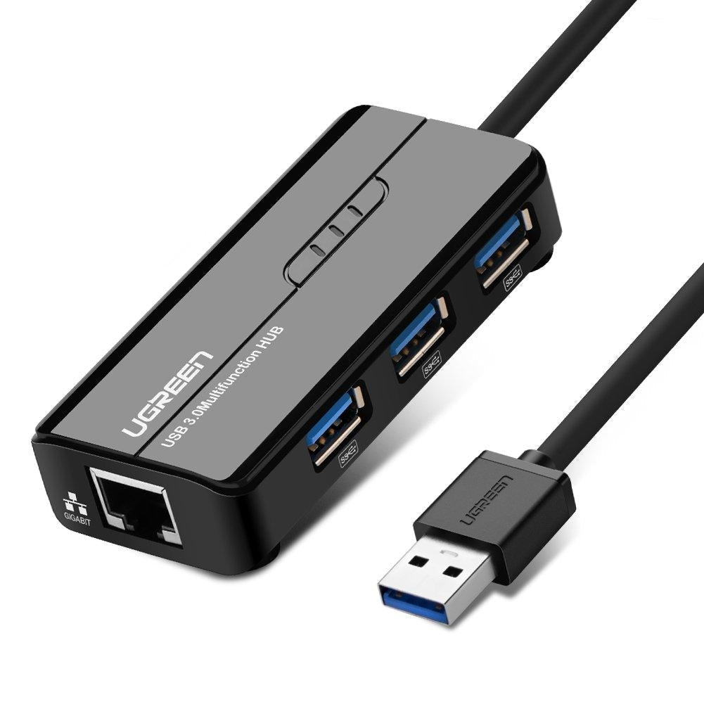 USB 3.0 hub with gigabit ethernet adapter featuring three ports and a black network cable