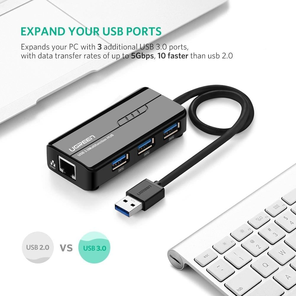 USB 3.0 hub with gigabit ethernet adapter featuring three ports and a black network cable — view 2