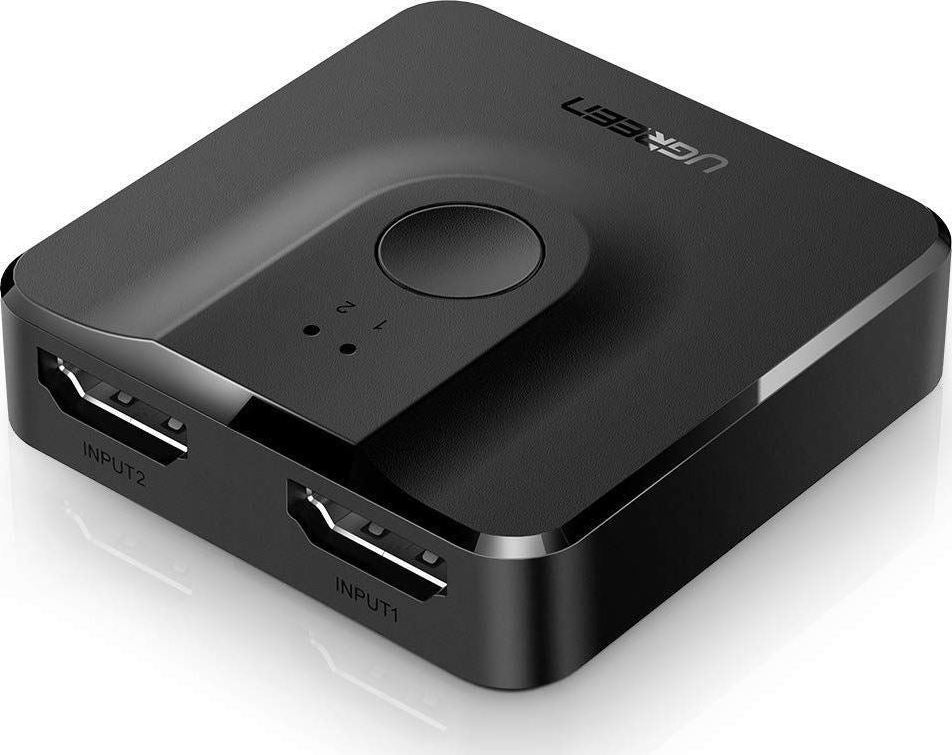 Black 2-port 4K HDMI switch and bi-directional splitter with indicator lights in a sleek portable design