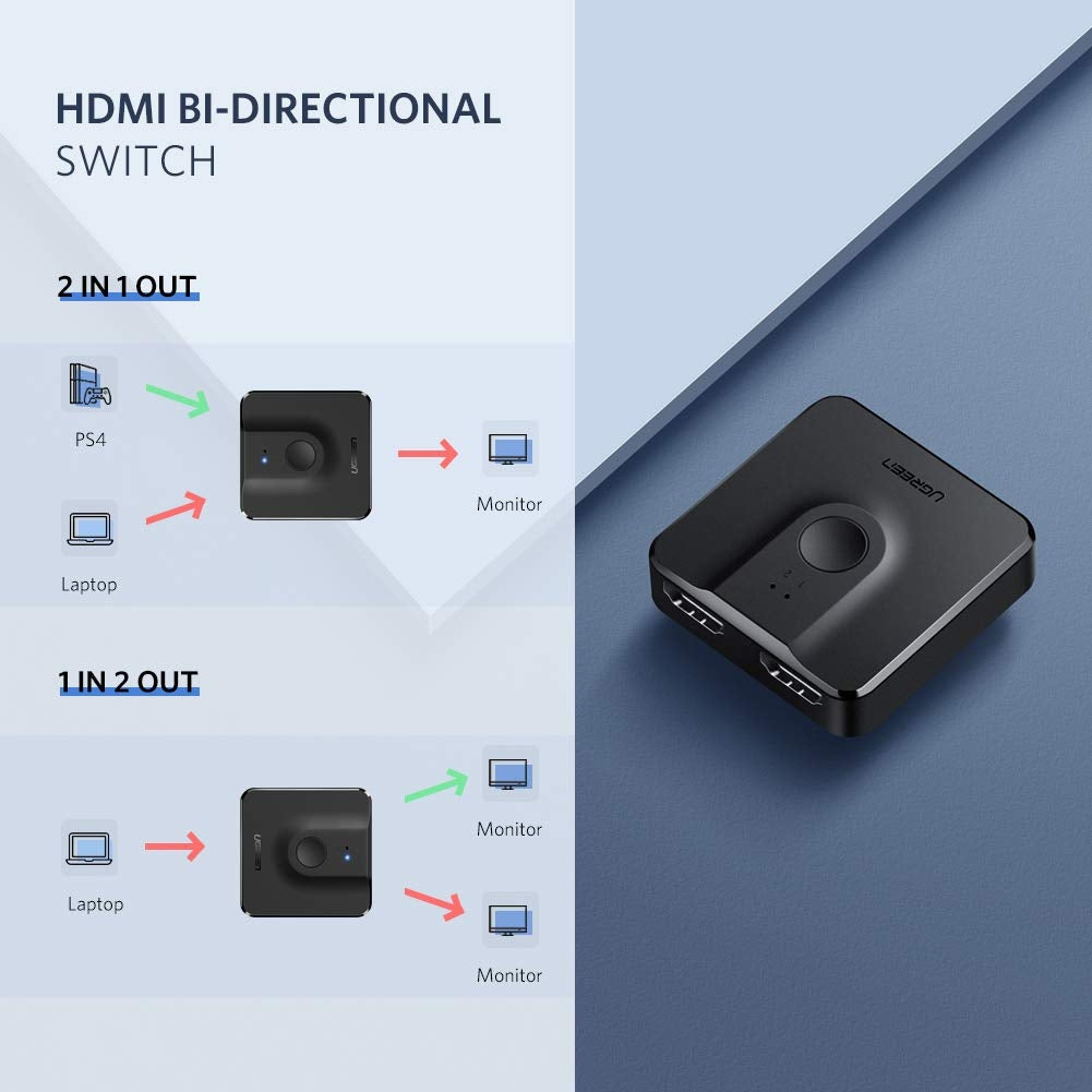 Black 2-port 4K HDMI switch and bi-directional splitter with indicator lights in a sleek portable design — view 2