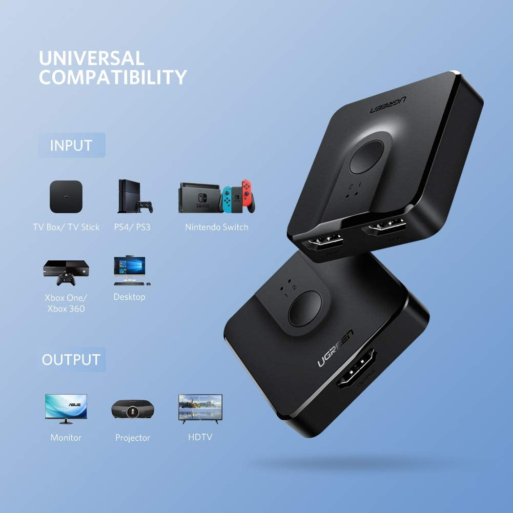 Black 2-port 4K HDMI switch and bi-directional splitter with indicator lights in a sleek portable design — view 3