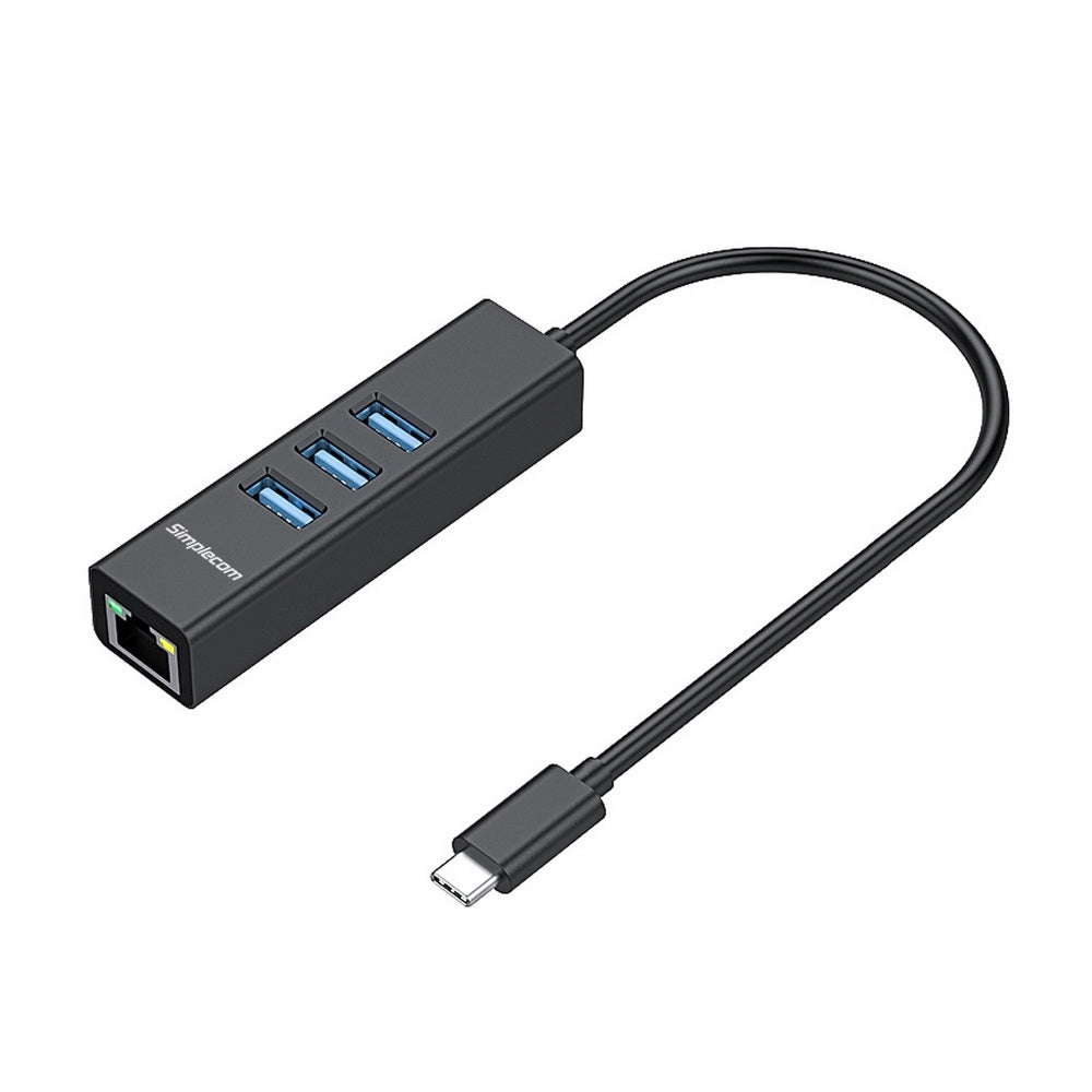 Black aluminium USB-C hub with three USB ports and Gigabit Ethernet adapter on white background