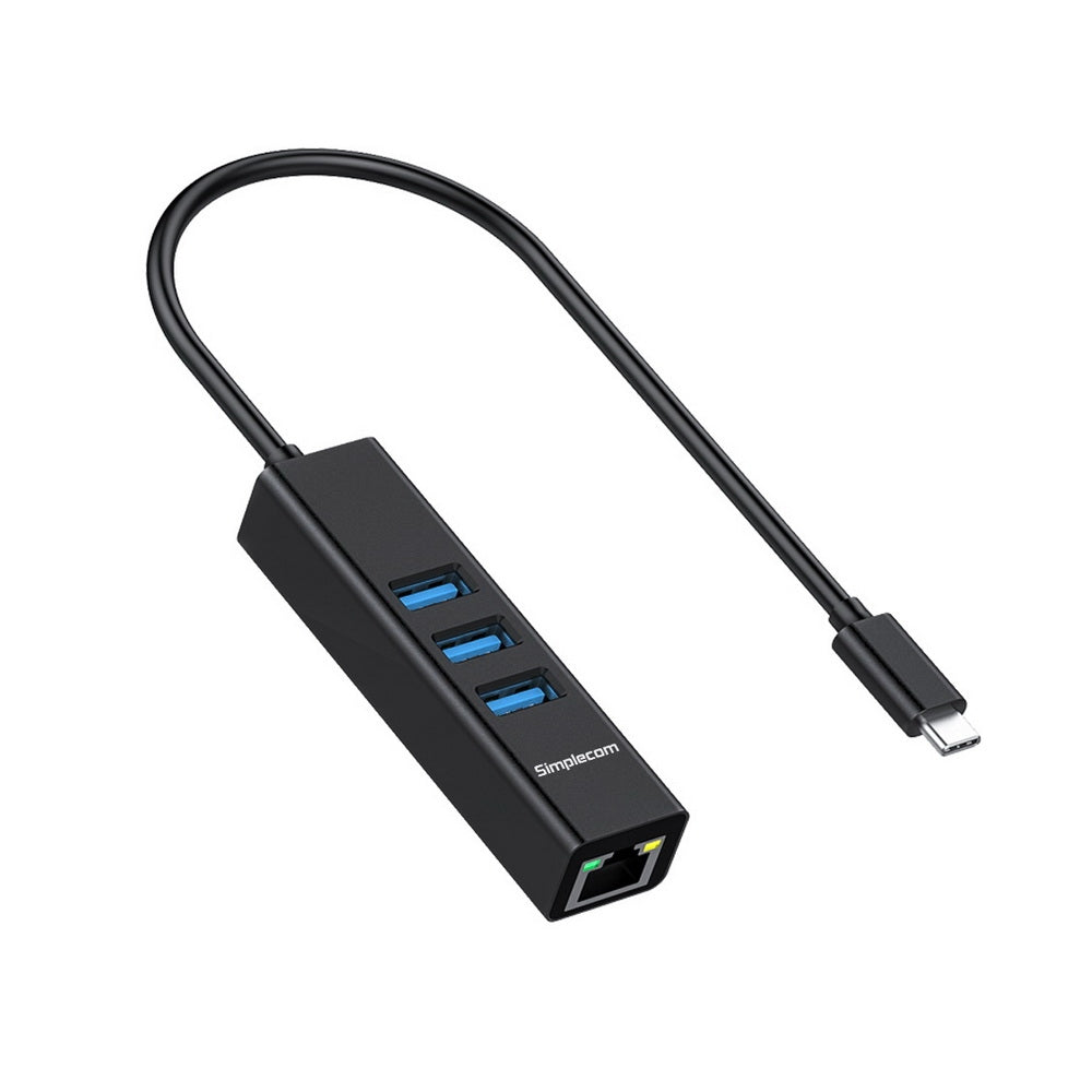 Black aluminium USB-C hub with three USB ports and Gigabit Ethernet adapter on white background — view 2