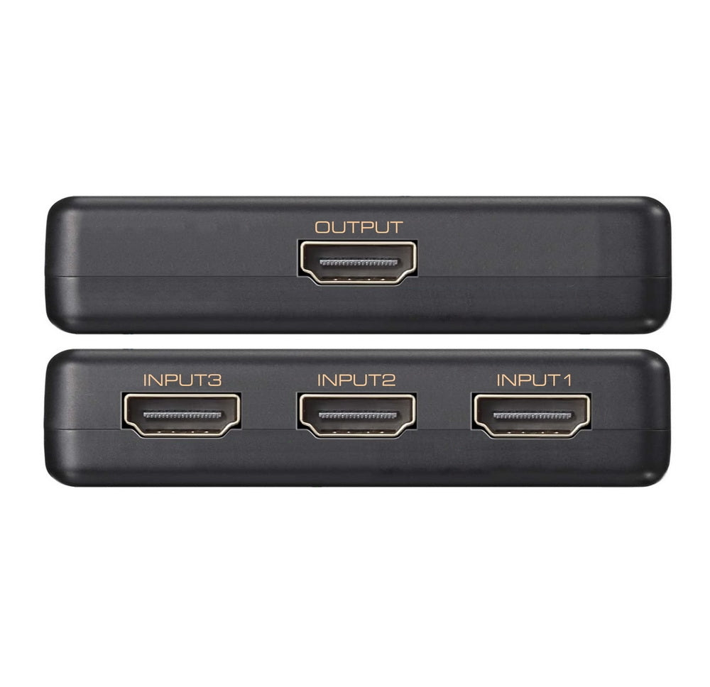 Ultra HD 3-way HDMI switch and remote control for 4K home theater media streaming systems — view 2