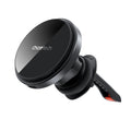 Black 15W magnetic wireless car charger with LED light attached to a car air vent