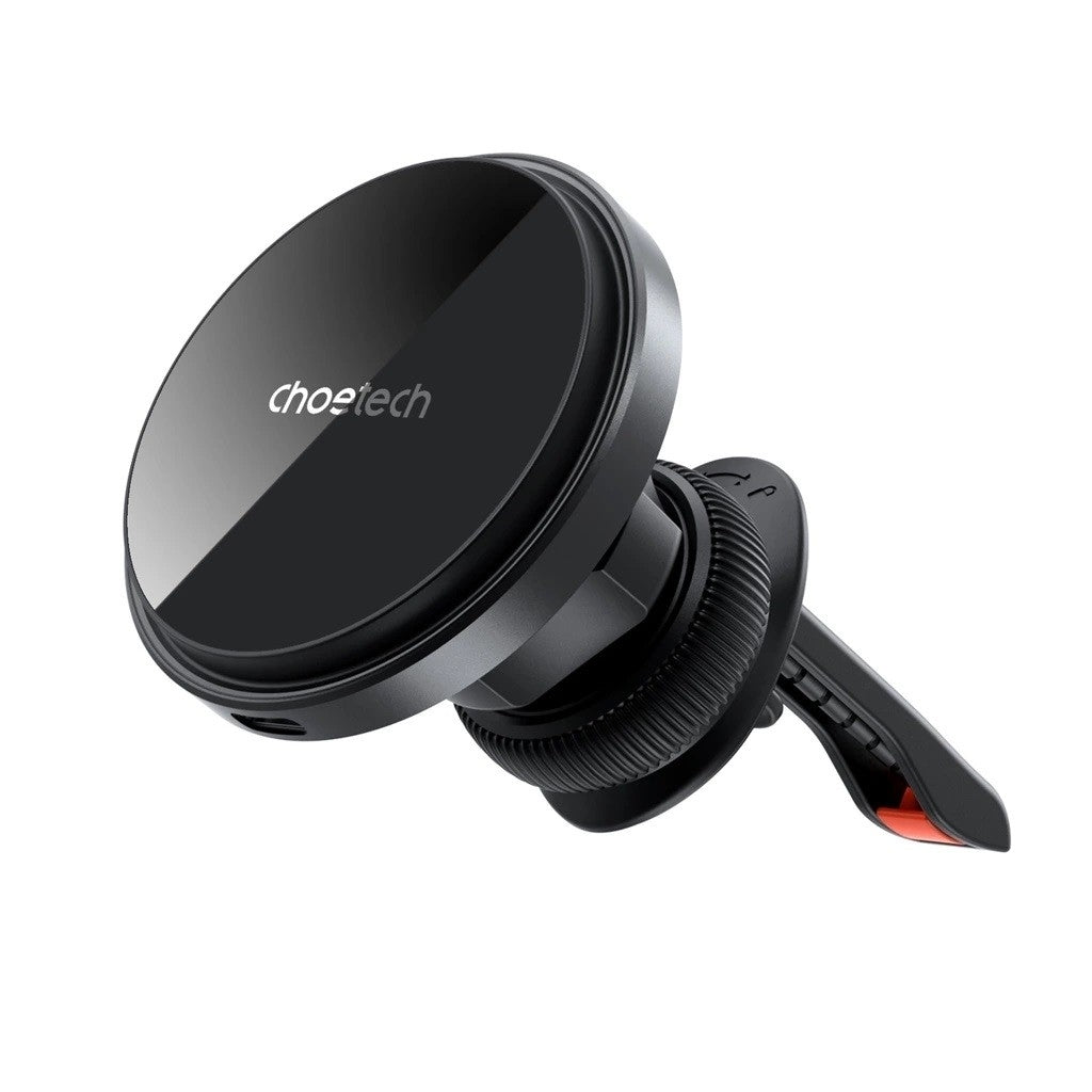 Black 15W magnetic wireless car charger with LED light attached to a car air vent