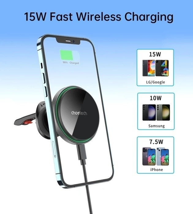 Black 15W magnetic wireless car charger with LED light attached to a car air vent — view 2