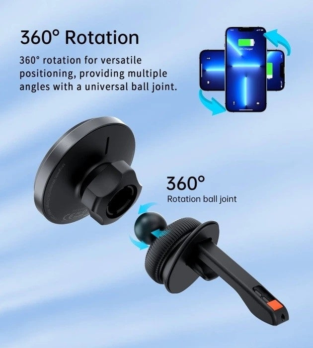 Black 15W magnetic wireless car charger with LED light attached to a car air vent — view 4