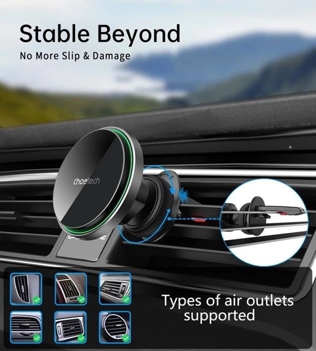 Black 15W magnetic wireless car charger with LED light attached to a car air vent — view 5