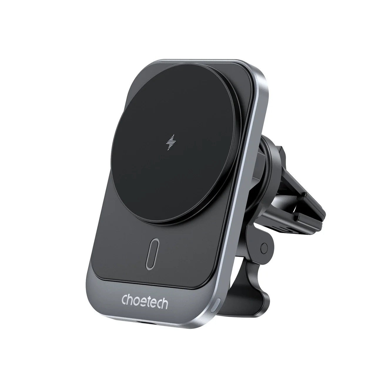 Black 15W magnetic wireless car charger and air vent phone holder with silicone finish