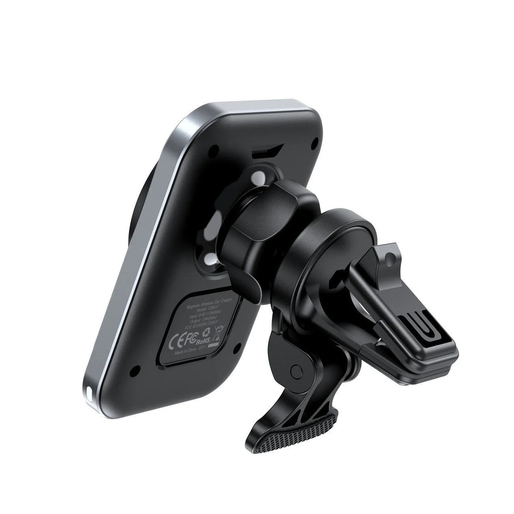 Black 15W magnetic wireless car charger and air vent phone holder with silicone finish — view 2