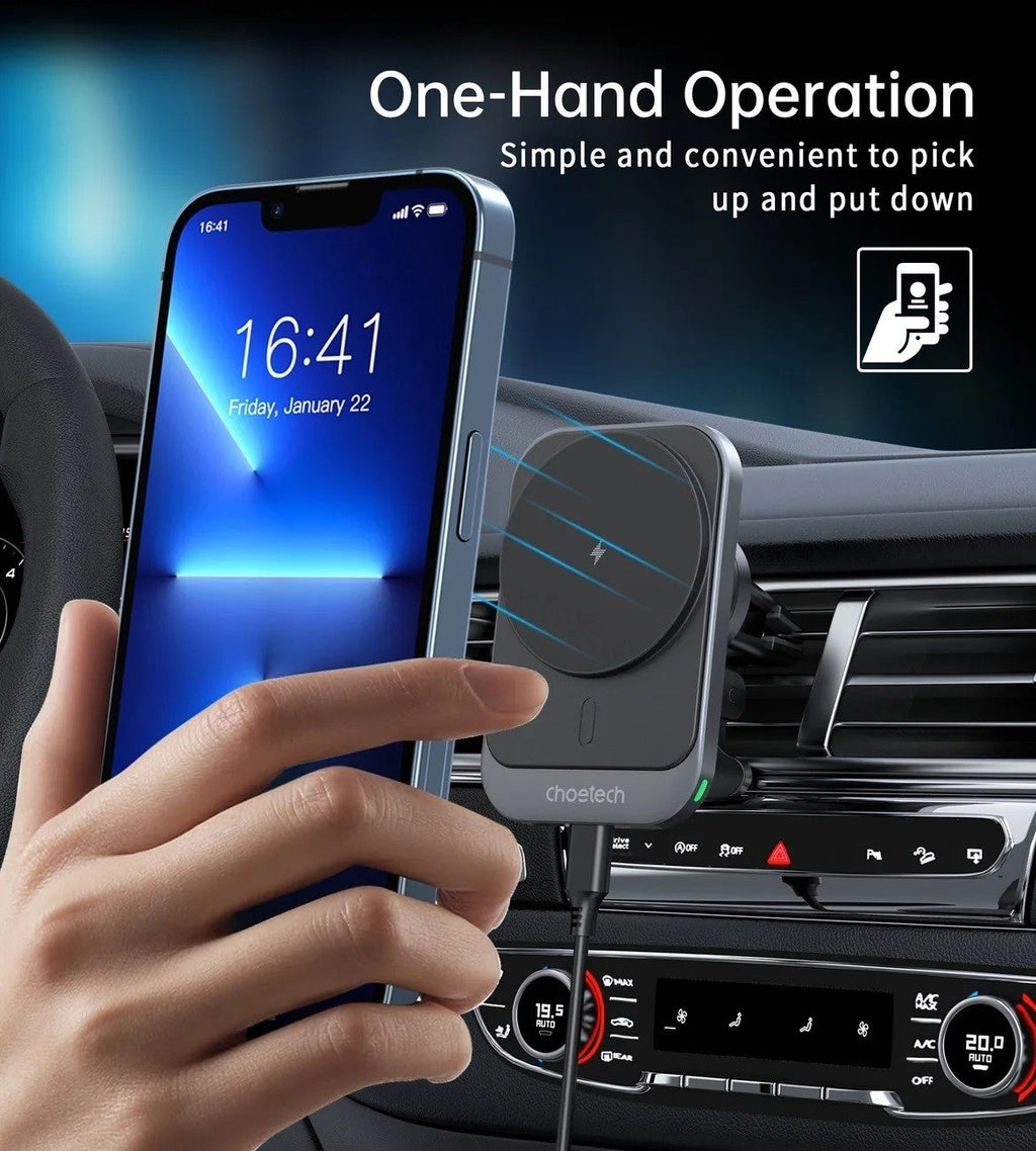 Black 15W magnetic wireless car charger and air vent phone holder with silicone finish — view 5