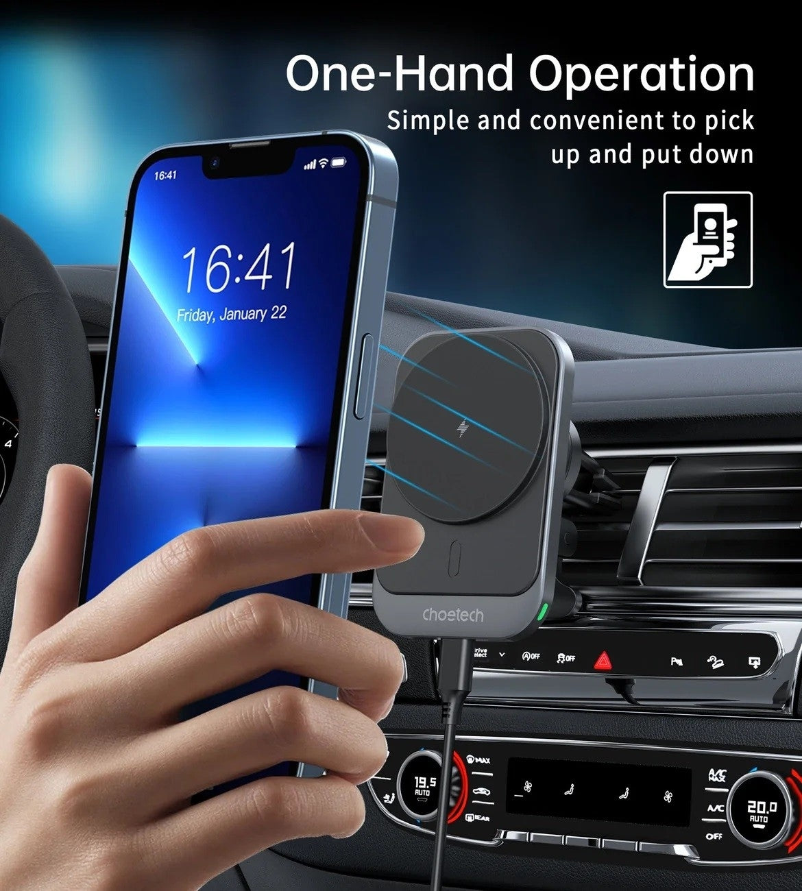 Black 15W magnetic wireless car charger and air vent phone holder with silicone finish — view 5