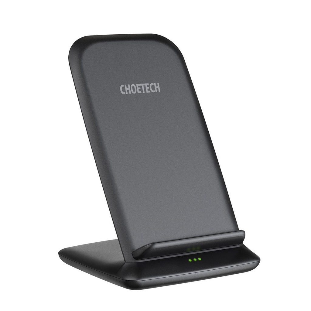 Black sleek 15W wireless charging stand holding a smartphone in a portrait orientation.