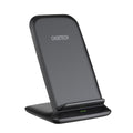 Black sleek 15W wireless charging stand holding a smartphone in a portrait orientation.