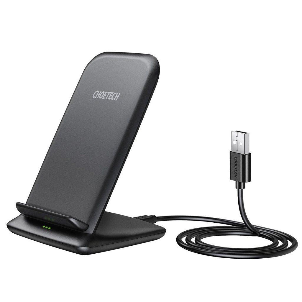 Black sleek 15W wireless charging stand holding a smartphone in a portrait orientation. — view 2