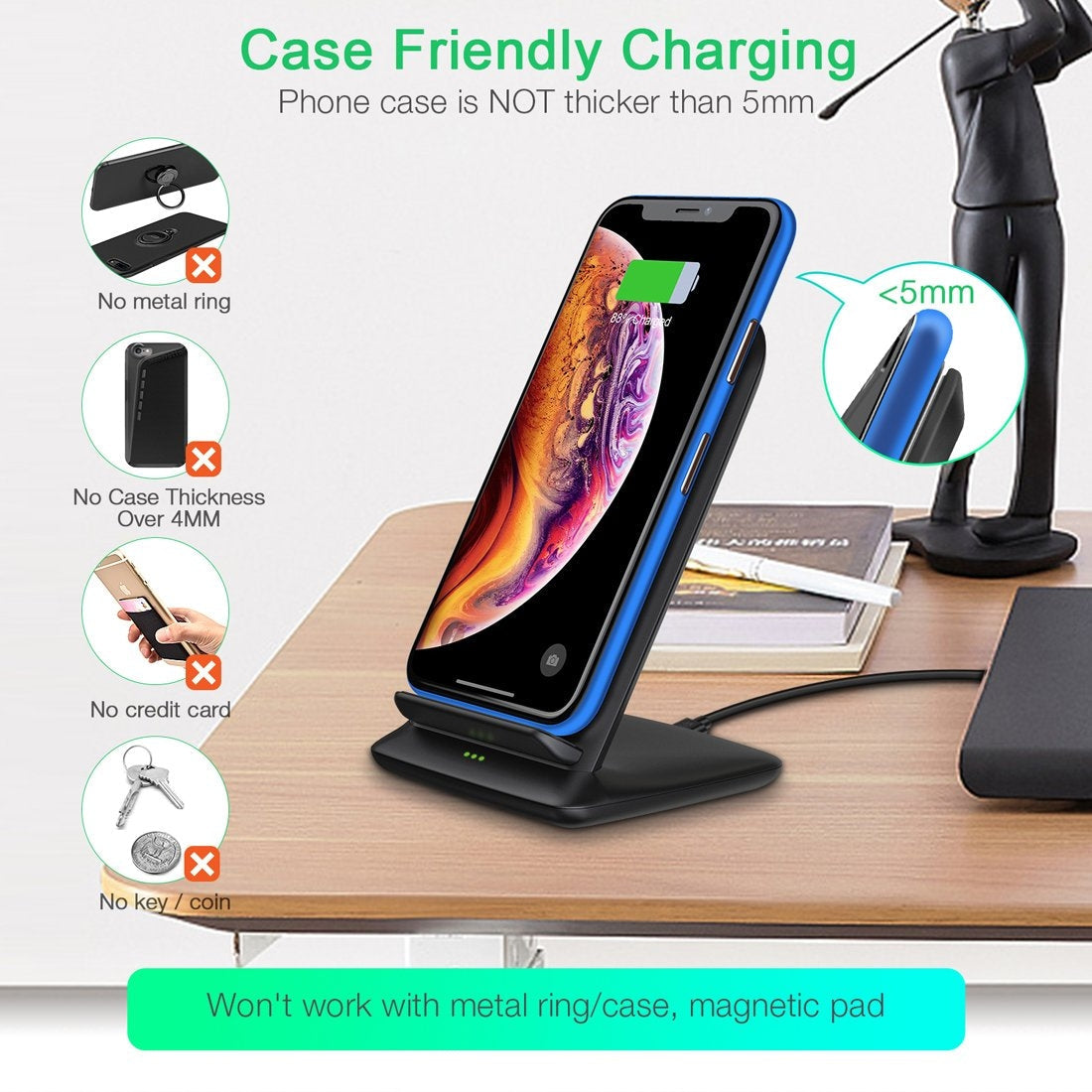 Black sleek 15W wireless charging stand holding a smartphone in a portrait orientation. — view 3