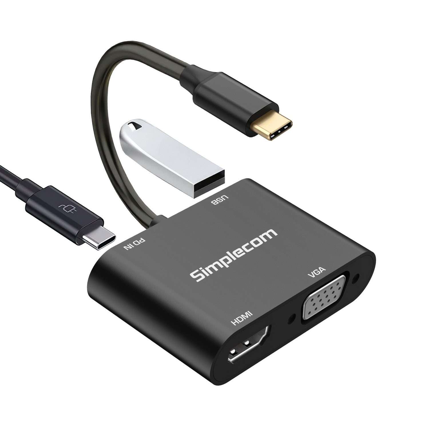 Sleek aluminum 4-in-1 USB-C multiport adapter with HDMI VGA and USB ports