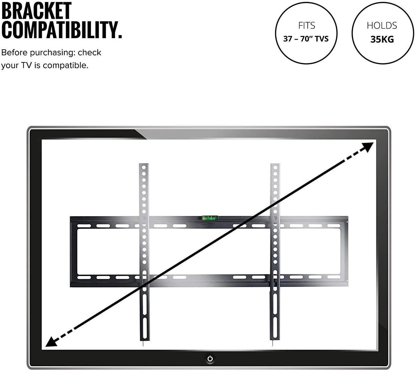 Black heavy duty steel fixed TV wall mount bracket for 32 to 70 inch flat screens — view 3