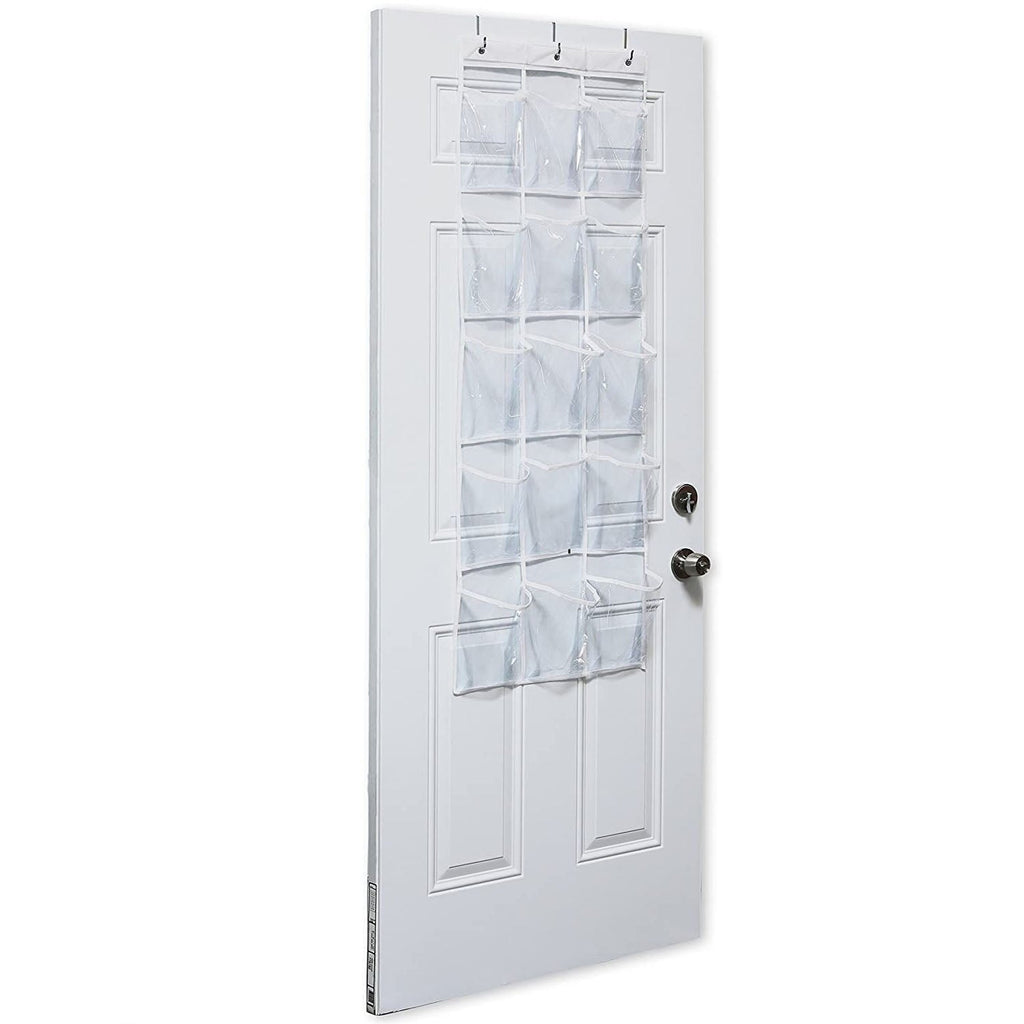 15-pocket clear over the door hanging organizer with metal hooks holding shoes and household items