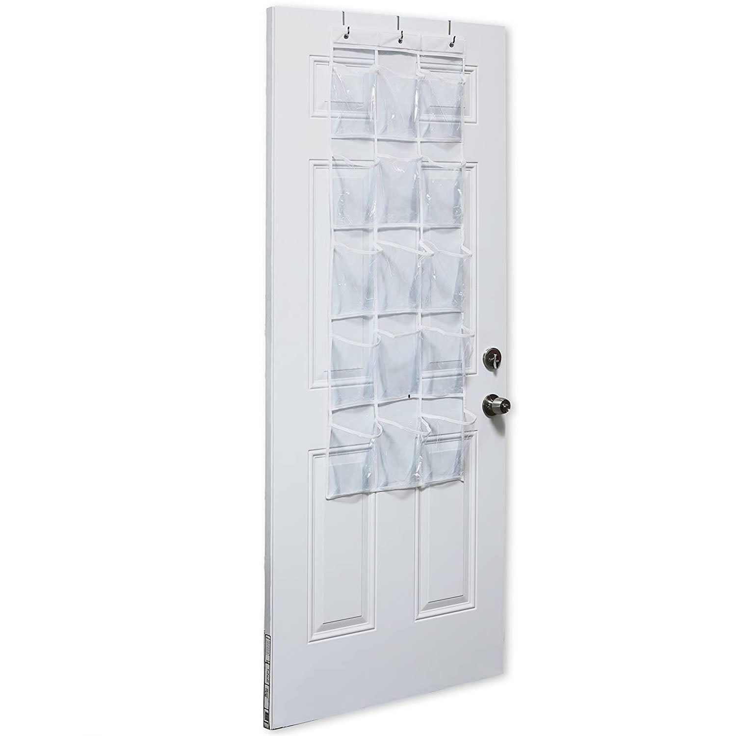 15-pocket clear over the door hanging organizer with metal hooks holding shoes and household items