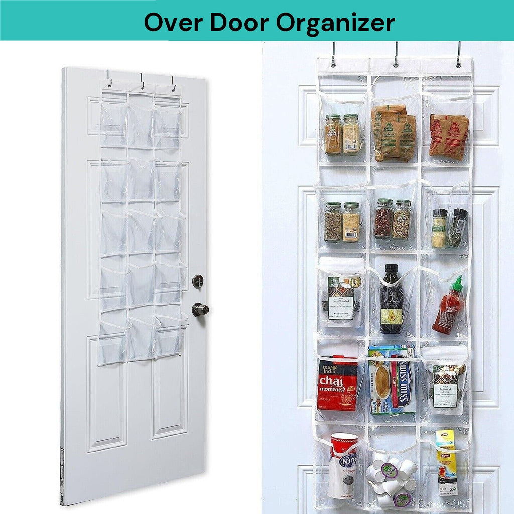 15-pocket clear over the door hanging organizer with metal hooks holding shoes and household items — view 2