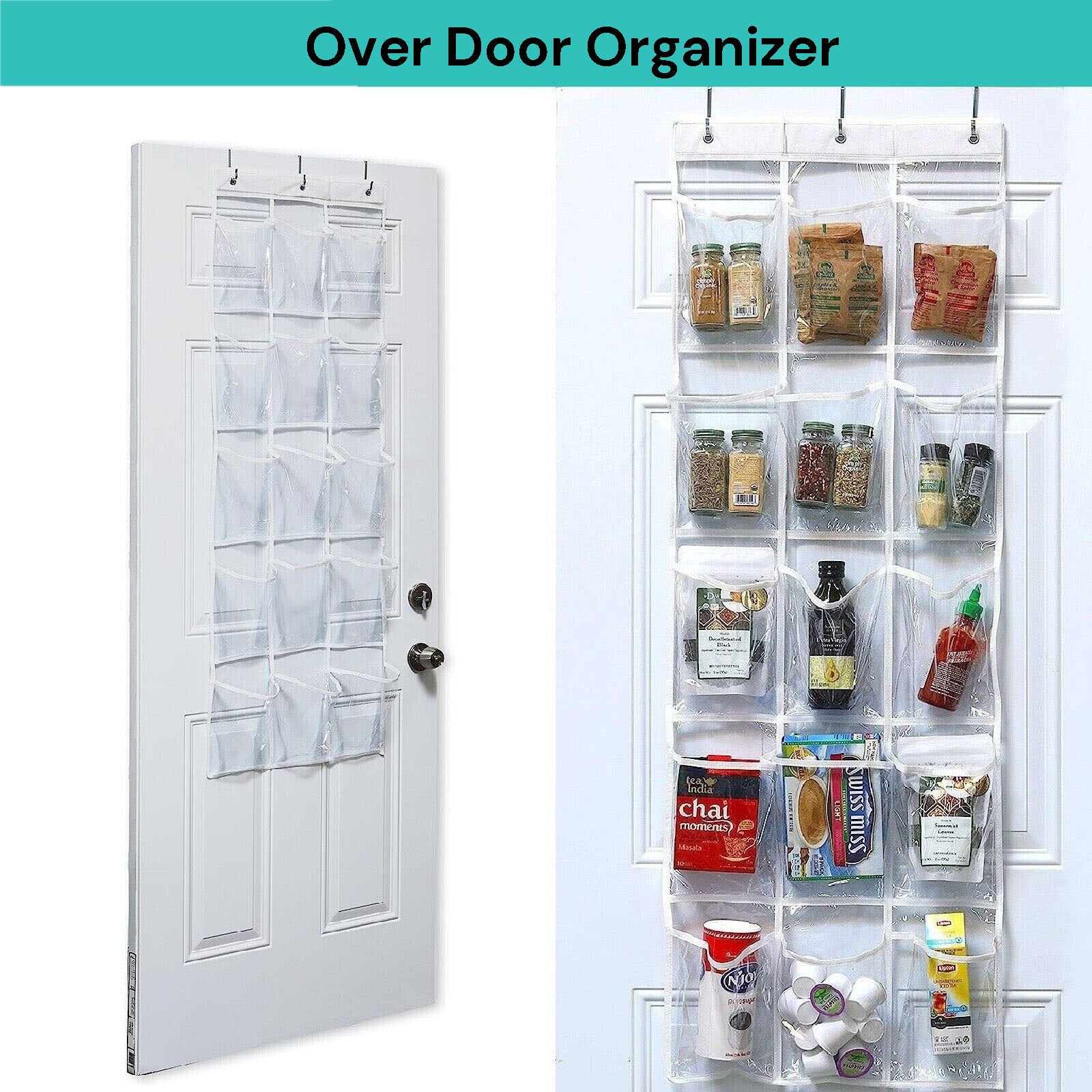 15-pocket clear over the door hanging organizer with metal hooks holding shoes and household items — view 2