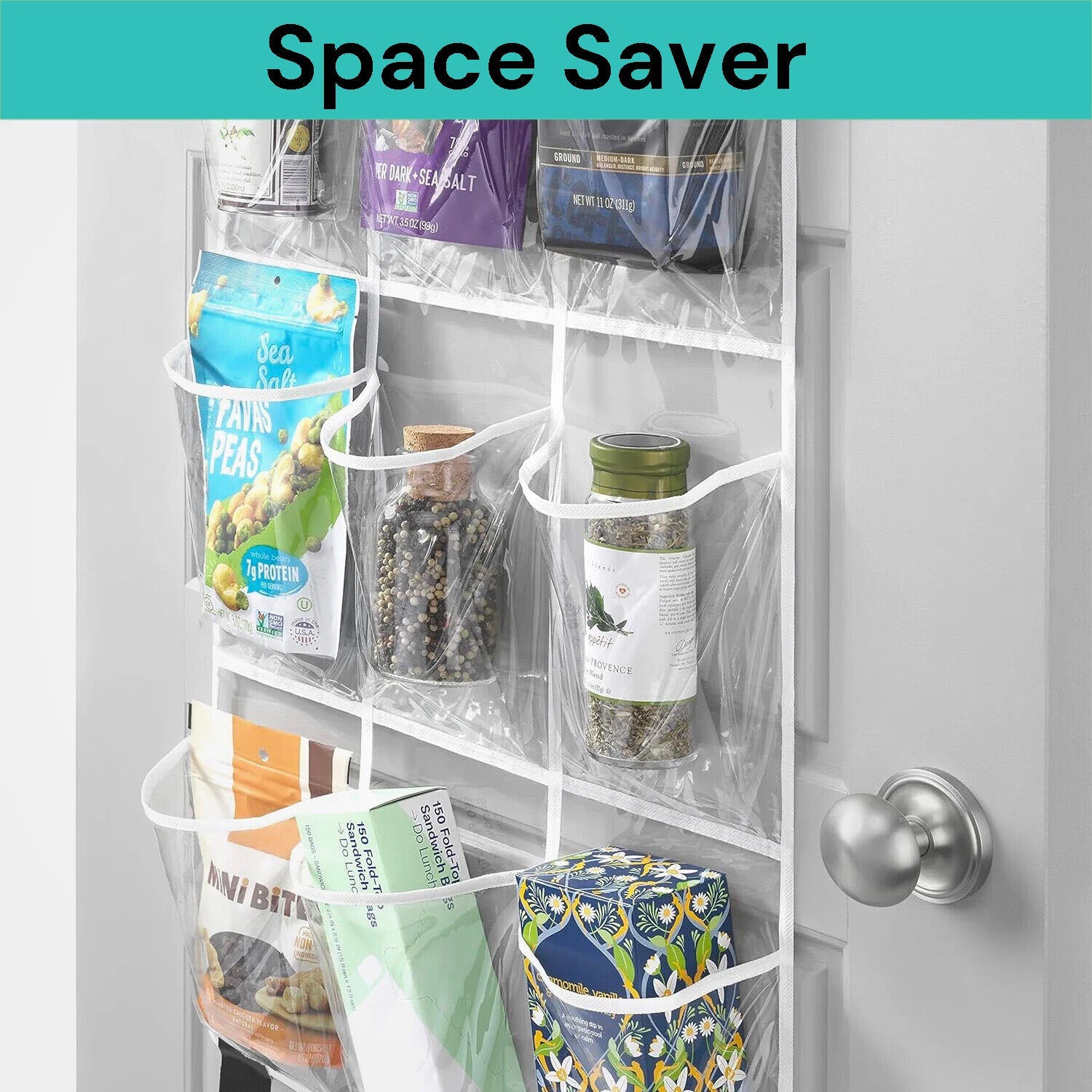 15-pocket clear over the door hanging organizer with metal hooks holding shoes and household items — view 3