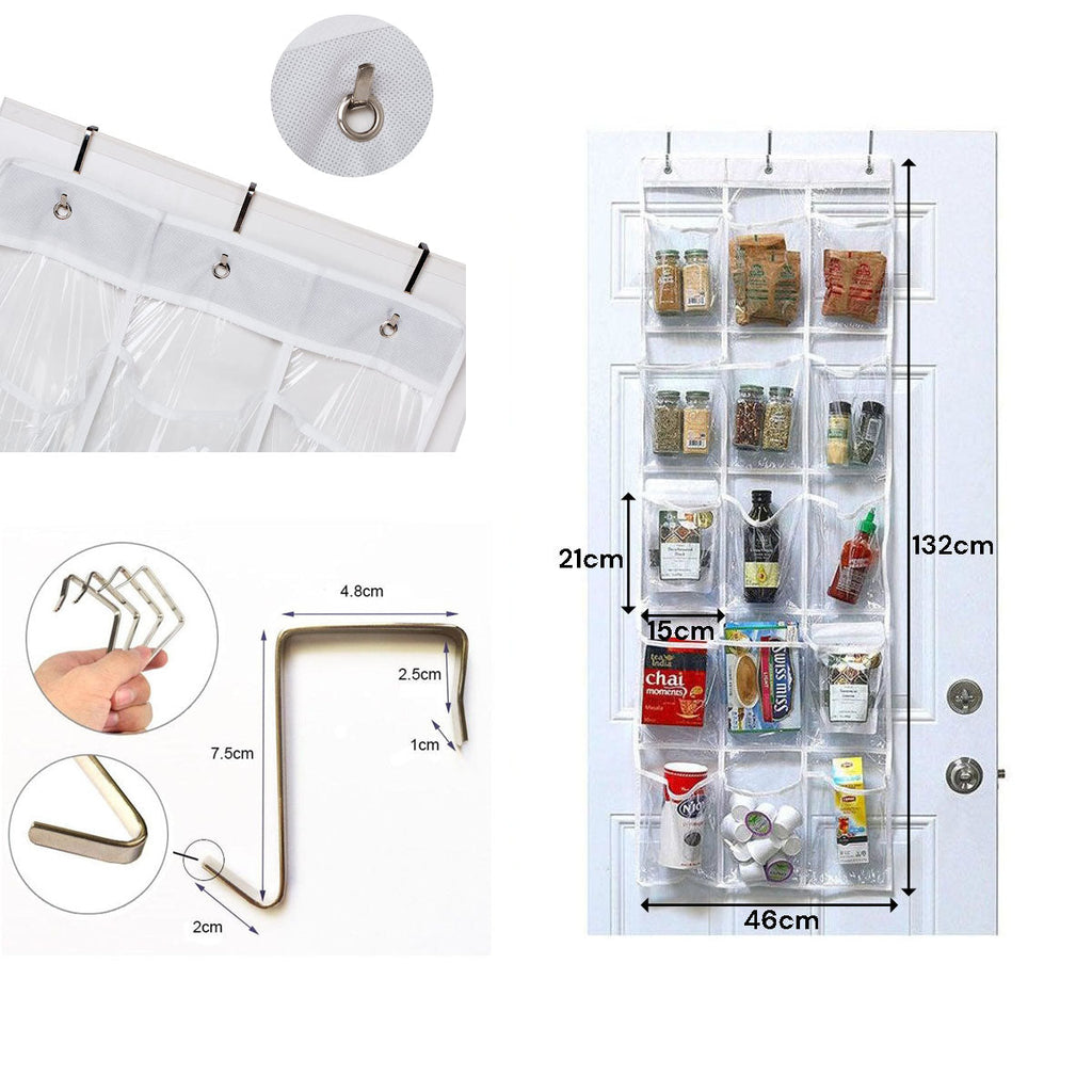 15-pocket clear over the door hanging organizer with metal hooks holding shoes and household items — view 4
