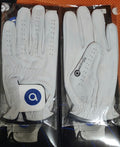 White NNEDSZ cabretta leather men's left hand golf glove with adjustable rexine strap.
