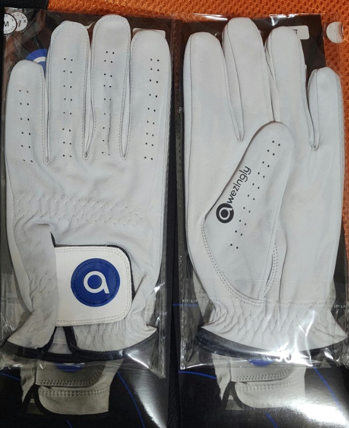 White NNEDSZ cabretta leather men's left hand golf glove with adjustable rexine strap.