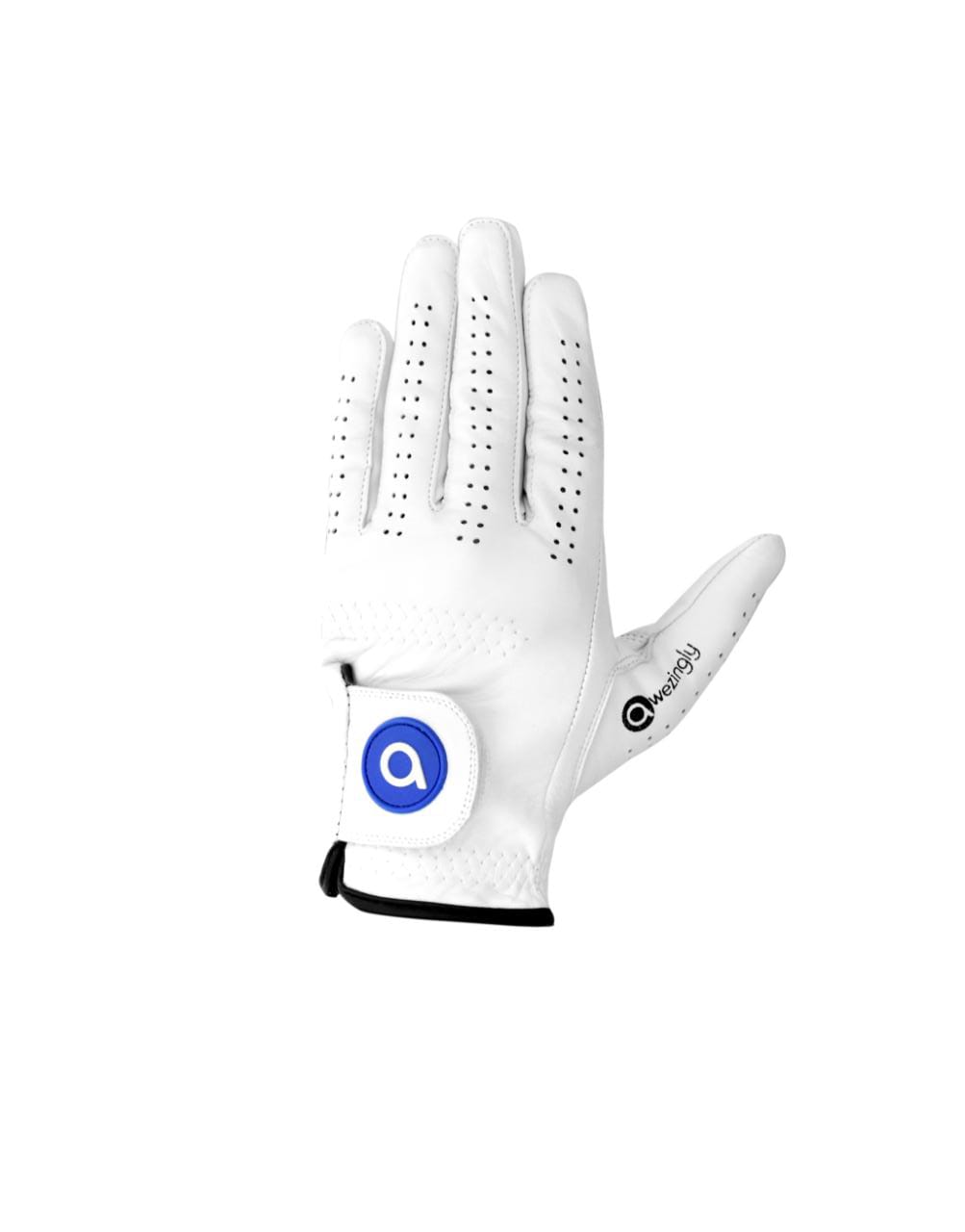 White NNEDSZ cabretta leather men's left hand golf glove with adjustable rexine strap. — view 4