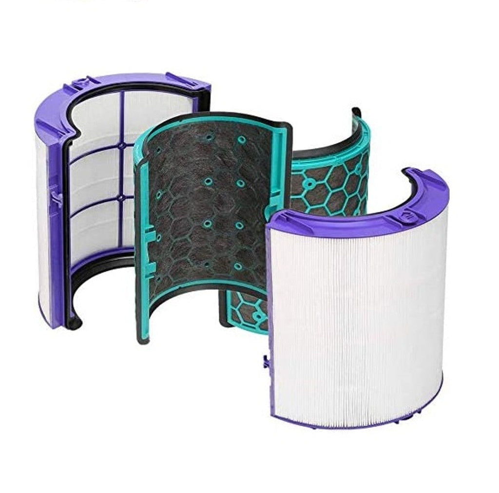 Glass HEPA and inner carbon air purifier replacement filter set displaying cylindrical dual filtration layers