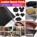 Two dark grey self-adhesive faux leather repair patches for sofas and auto interiors.