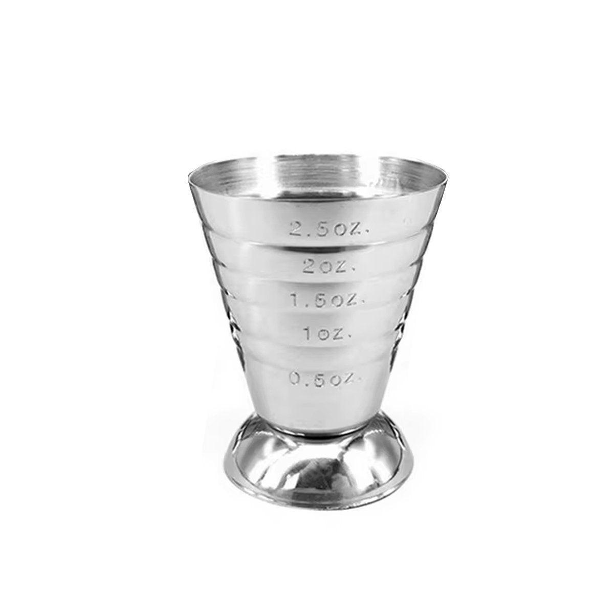 Stainless steel cocktail jigger measuring cup with silver mirror finish on a plain background — view 2