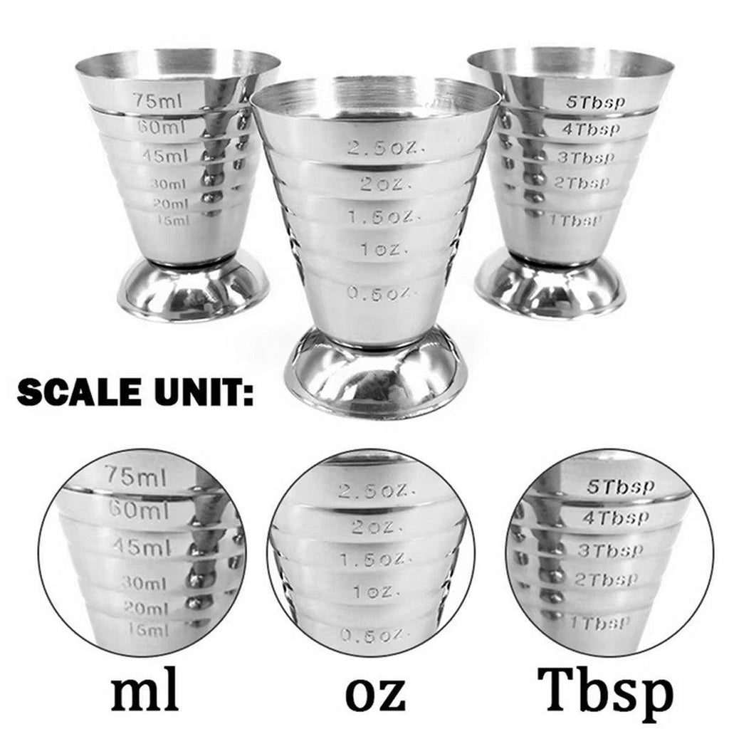 Stainless steel cocktail jigger measuring cup with silver mirror finish on a plain background — view 3
