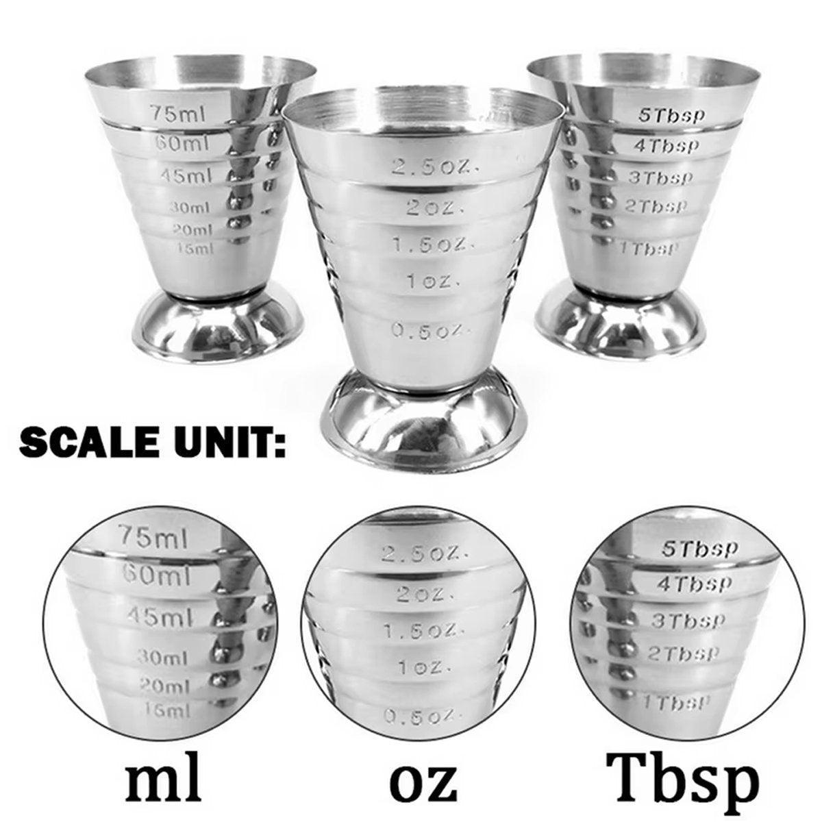 Stainless steel cocktail jigger measuring cup with silver mirror finish on a plain background — view 3