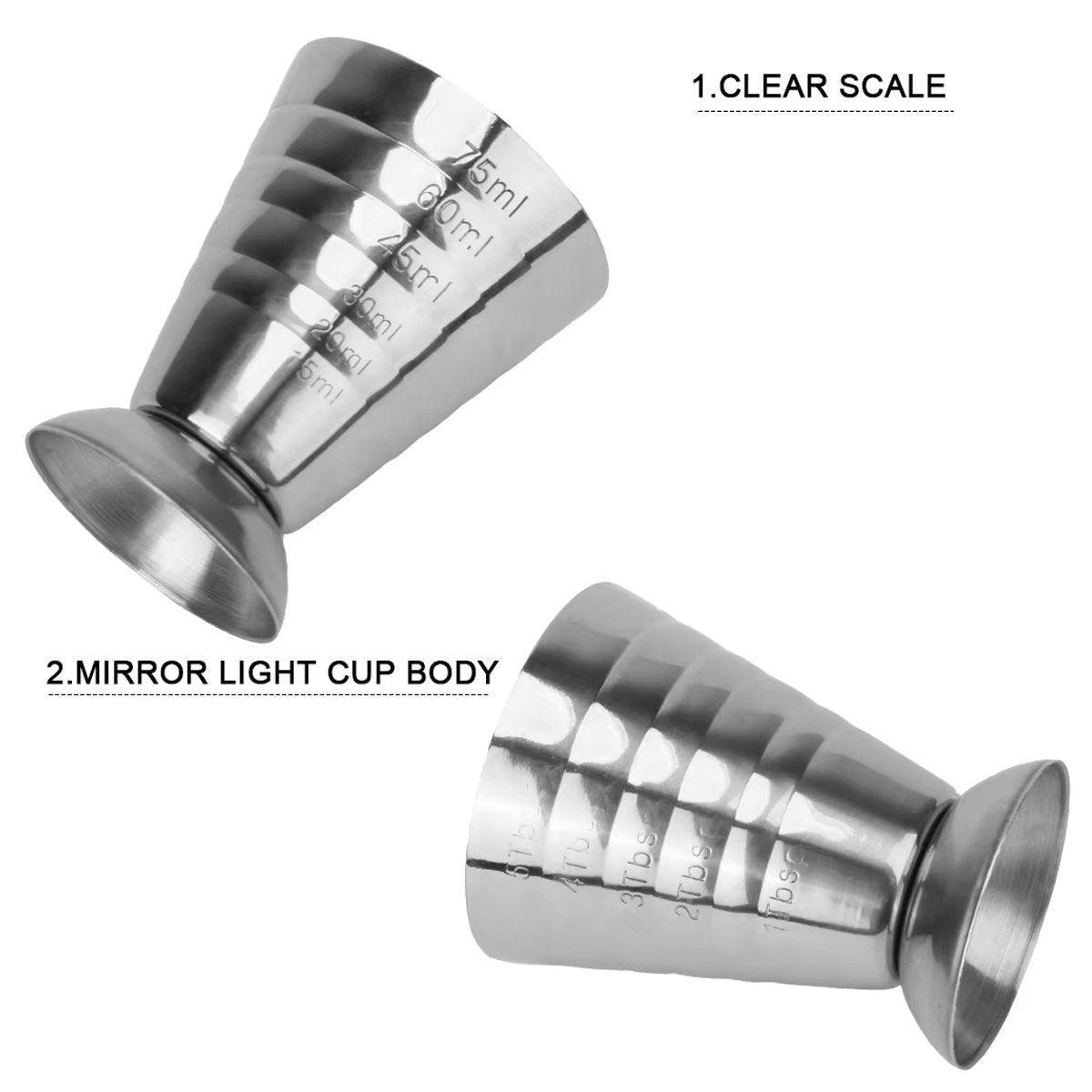 Stainless steel cocktail jigger measuring cup with silver mirror finish on a plain background — view 4