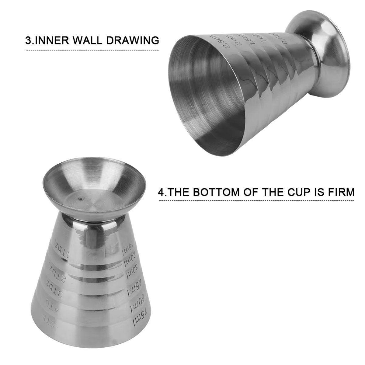 Stainless steel cocktail jigger measuring cup with silver mirror finish on a plain background — view 5
