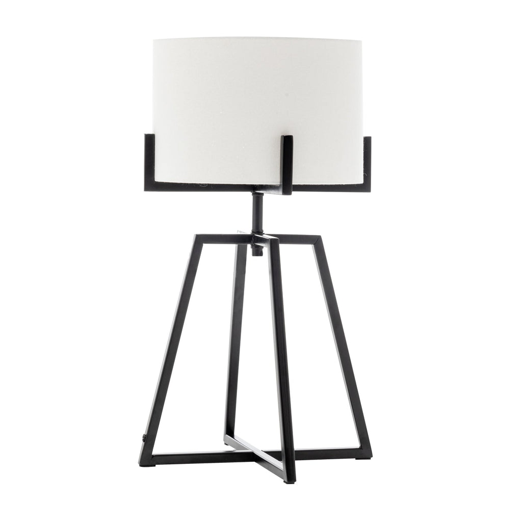 Modern Scandi dimmable table lamp with matte black metal base and cream linen drum shade