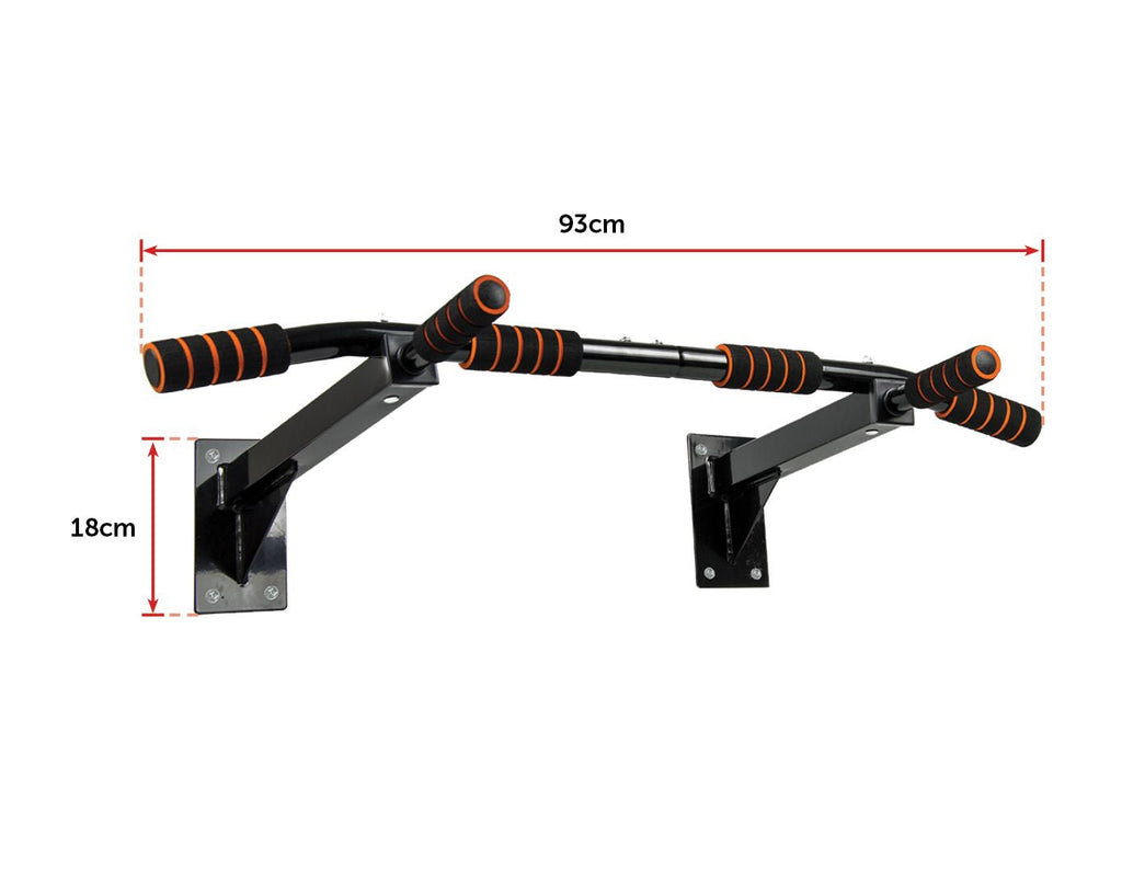 Heavy duty stainless steel wall mounted pull up bar with black and red padded grips — view 2