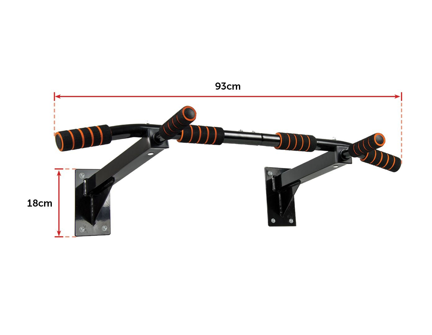 Heavy duty stainless steel wall mounted pull up bar with black and red padded grips — view 2