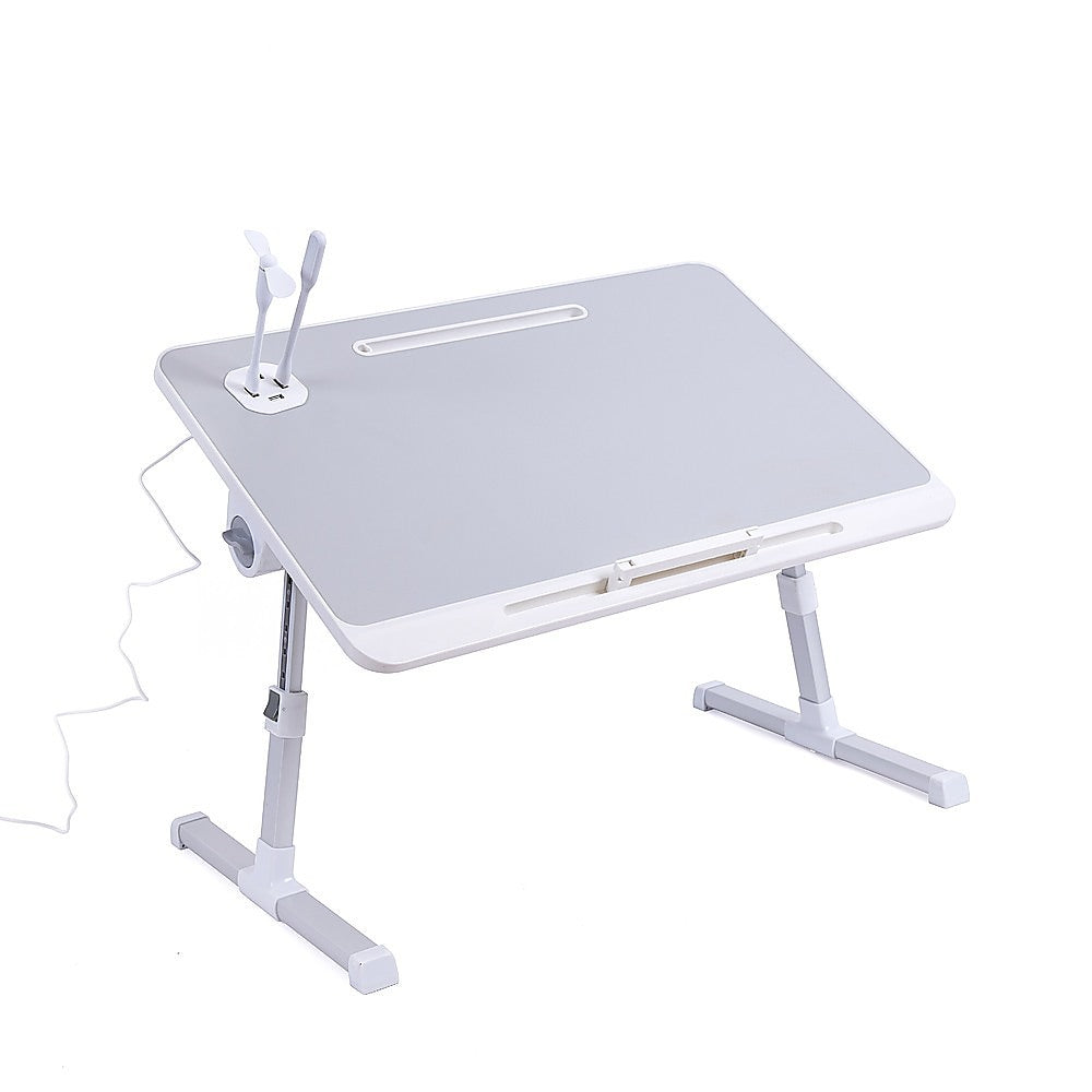 Adjustable laptop desk stand tray featuring anti-slip leather surface, sturdy folded legs, and storage drawer